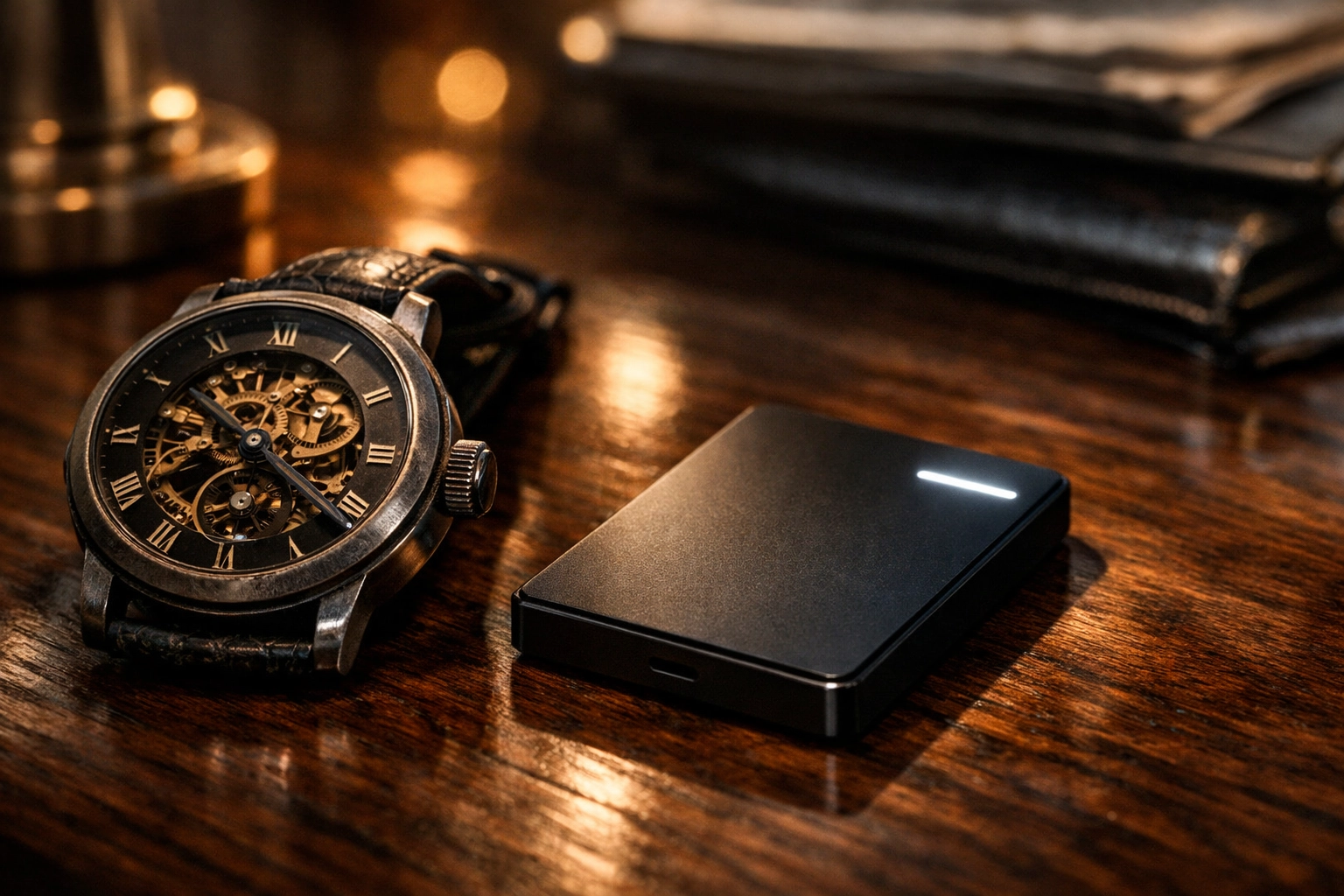 A vintage watch beside a crypto hardware wallet, blending traditional wealth with digital assets.