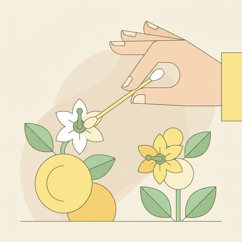 Step-by-step illustration of hand pollinating hydroponic pepper flowers indoors with a cotton swab
