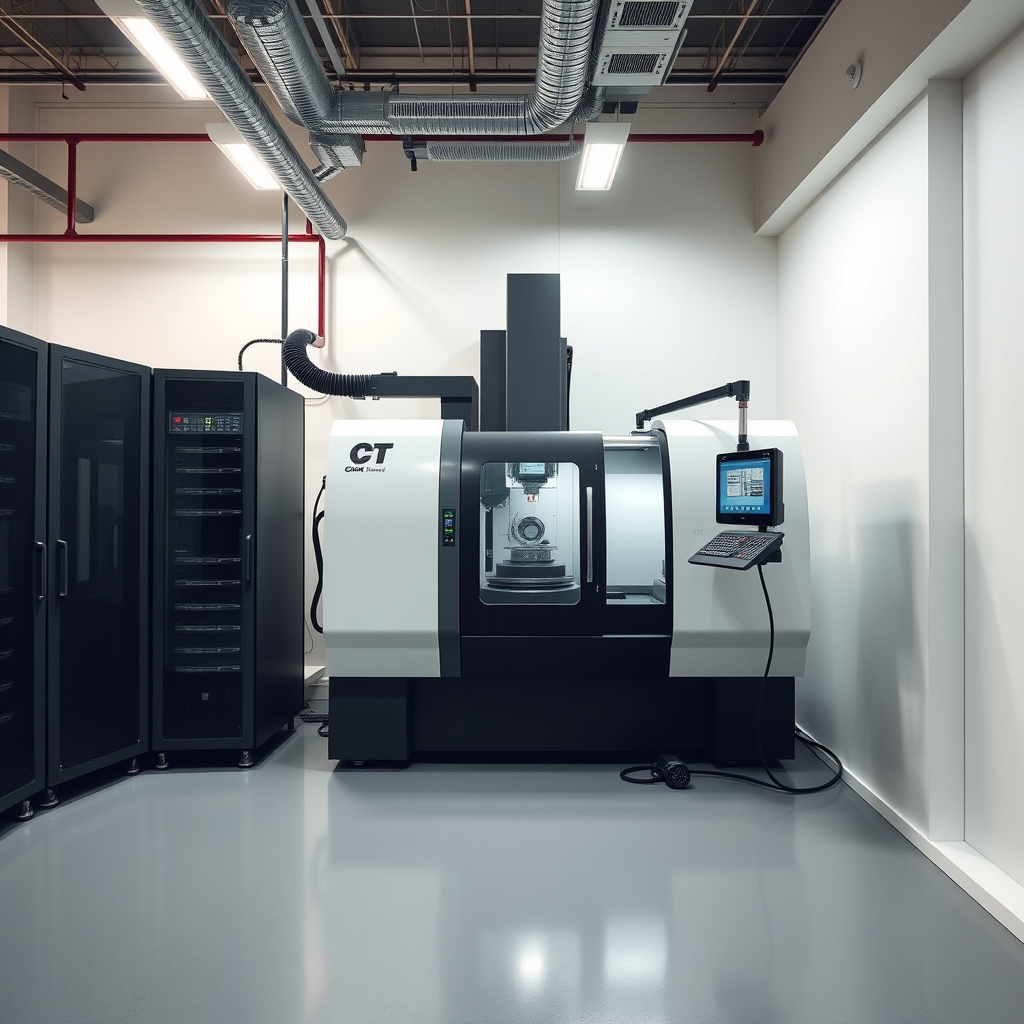 Modern CNC Machining Center with Integrated IT Support Modern CNC machining center operated by integrated control system, with adjacent IT server racks for secure data processing and machine network connectivity. Setup supports real-time monitoring and technical troubleshooting, aligning with Drive Network Support's complete CNC automation and IT management services.