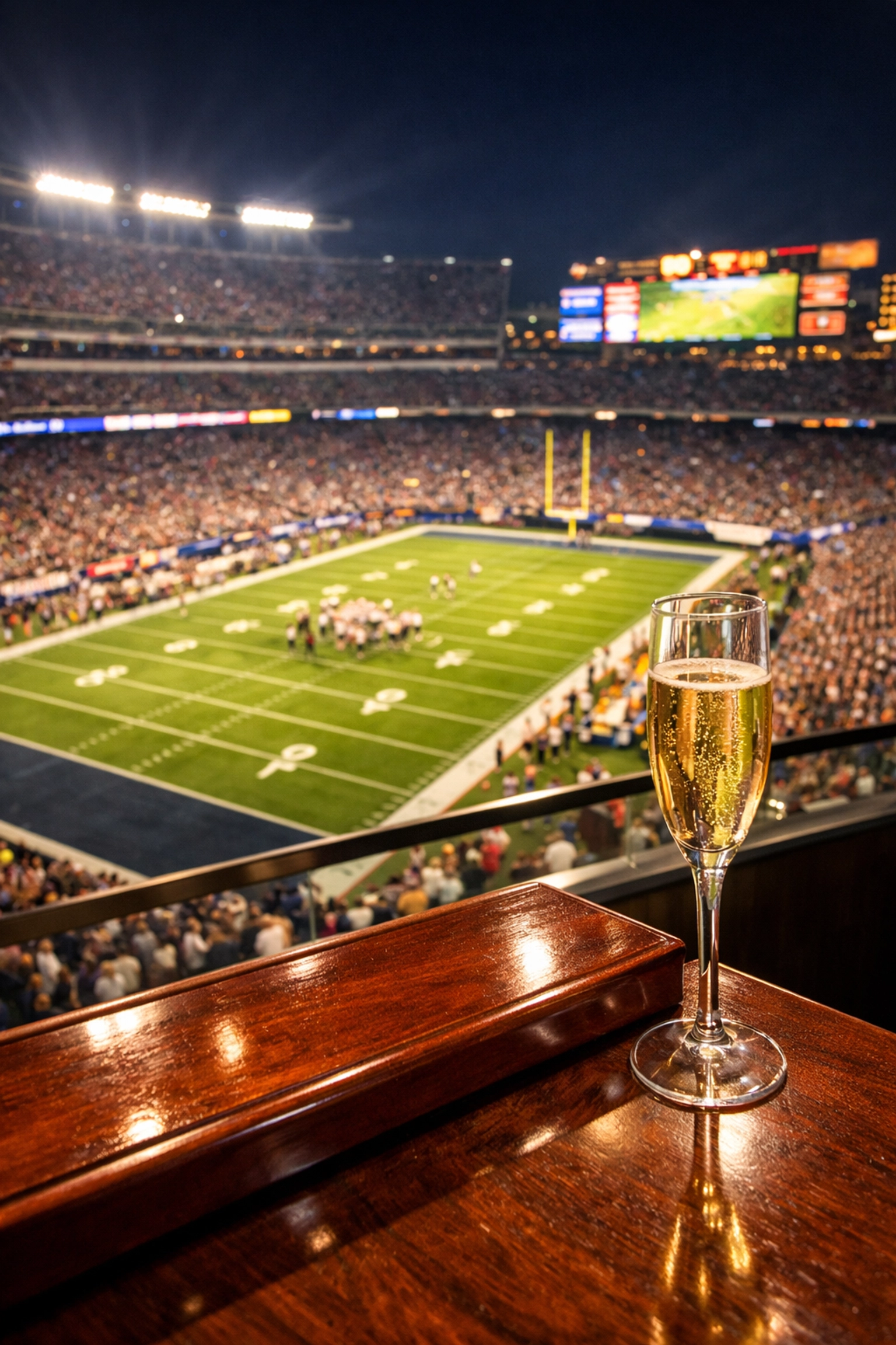 View from a VIP executive suite balcony overlooking a major championship football stadium.