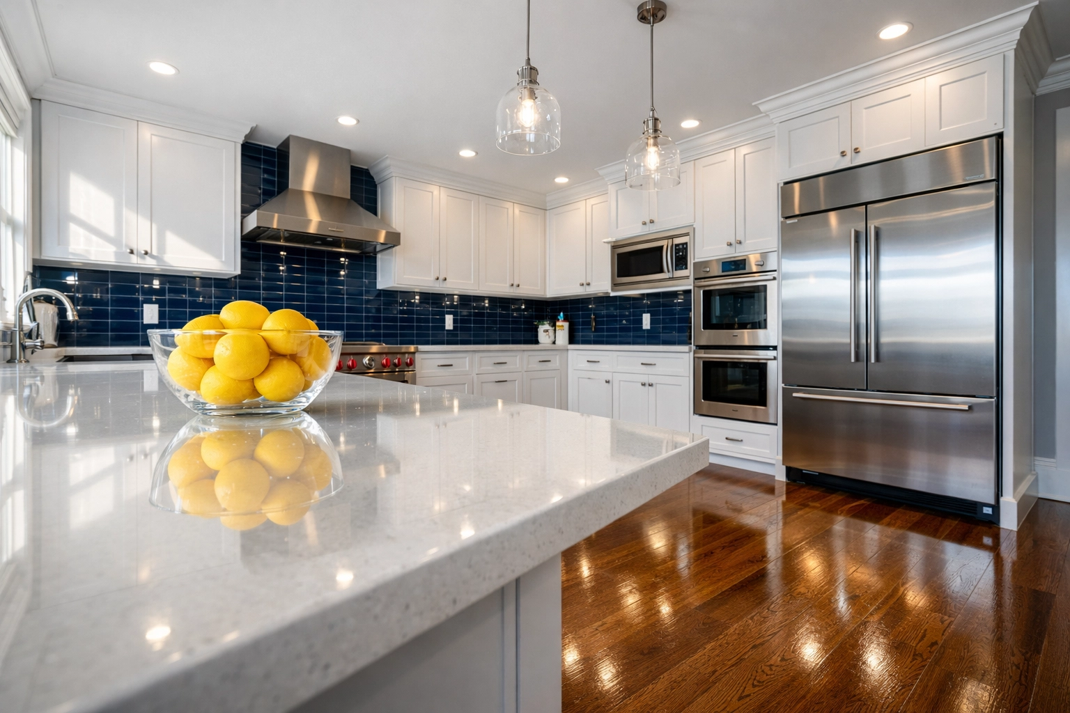 Pristine luxury kitchen and floors after professional house cleaning in West Boylston, MA.