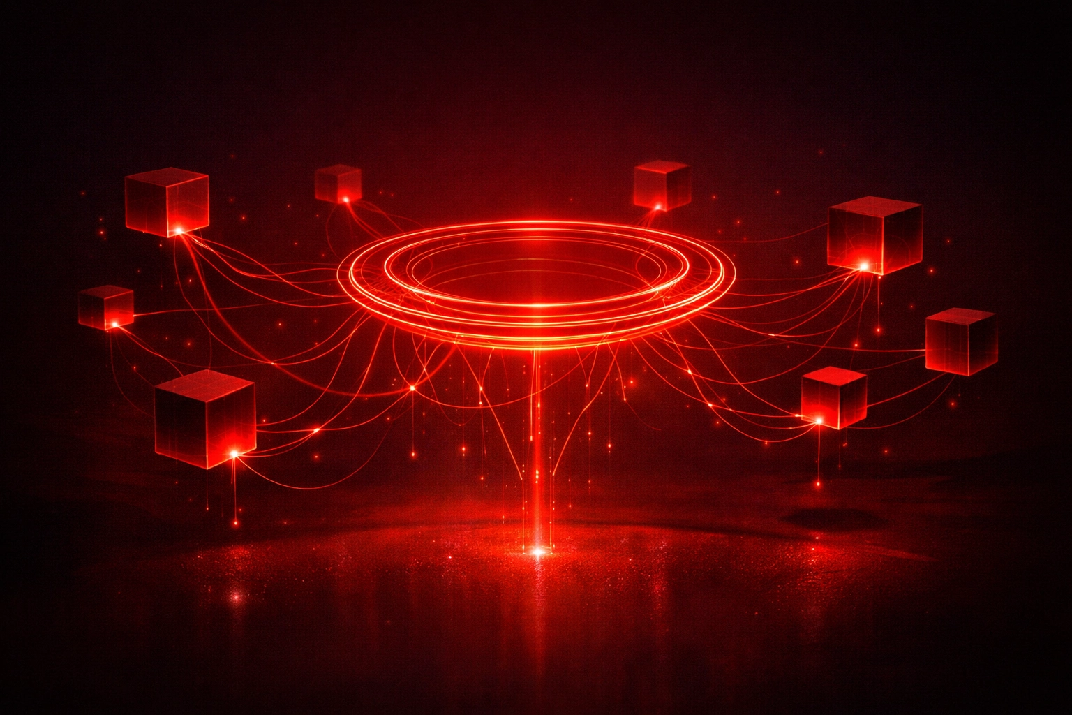 Glowing red neural lens representing agentic commerce and AI-driven business automation solutions.