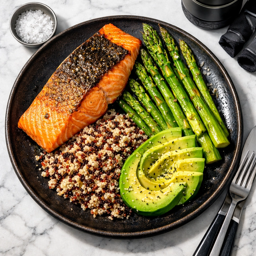 A high-protein athlete meal with salmon and vegetables to fuel long-term health and athletic longevity.