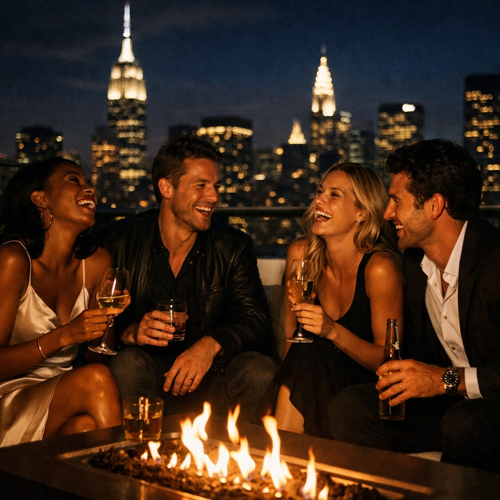 Friends enjoying an intentional and curated rooftop party at a luxury NYC penthouse with skyline views.