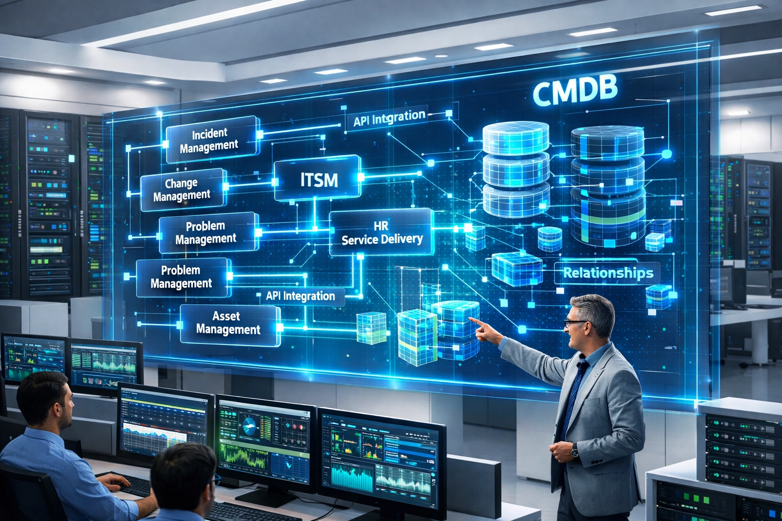 ServiceNow ITOM architecture showing CMDB integration and API pathways in operations center