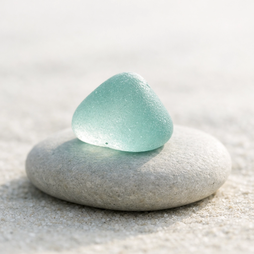 Frosted Seaham sea glass on a grey pebble, representing authentic local businesses as hidden gems.