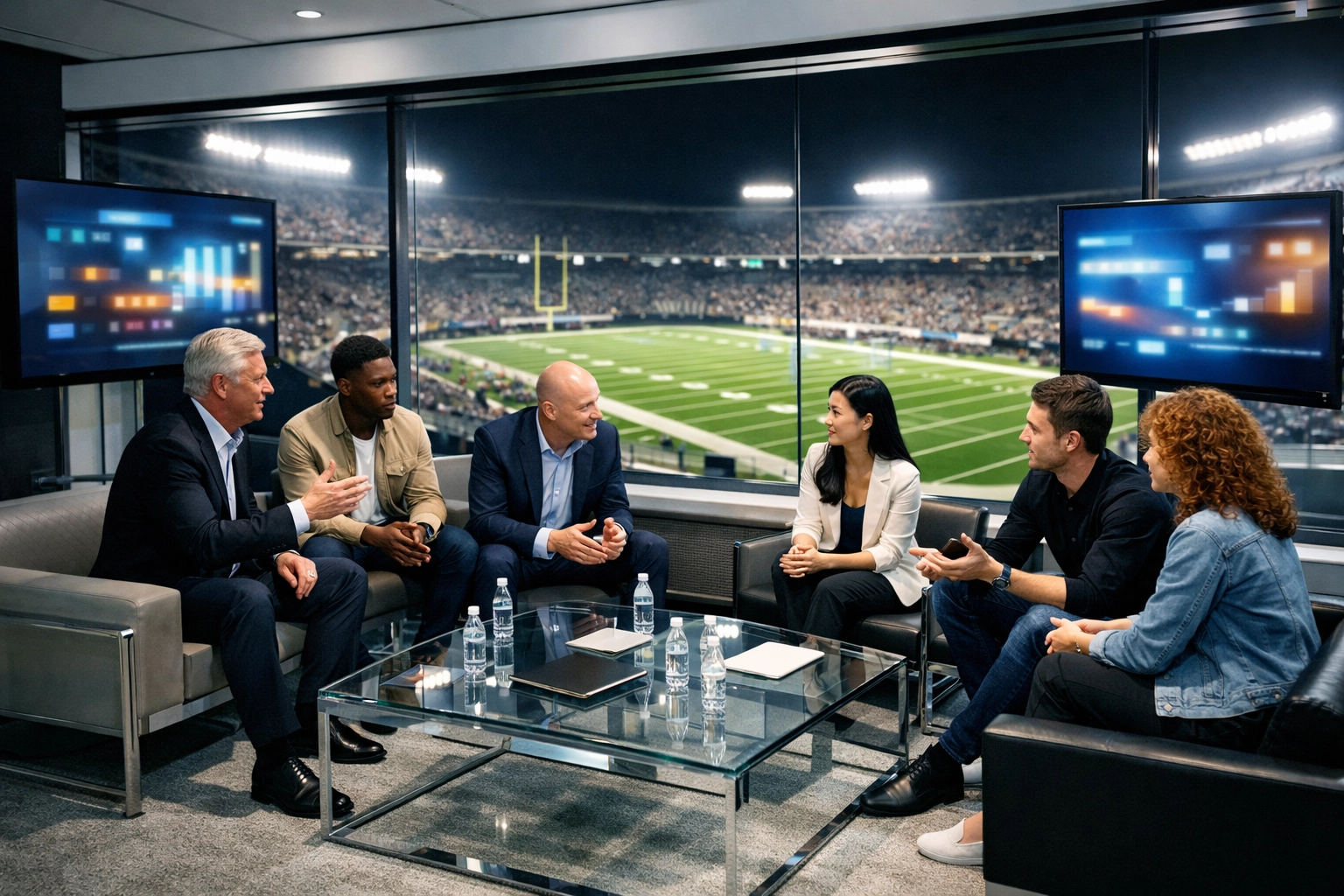 Business leaders and creators discussing Fortune 100 NIL brand storytelling in a stadium suite.