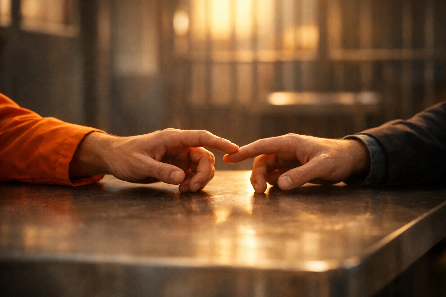 Gay couple's hands reaching toward each other during prison visit symbolizing love and hope