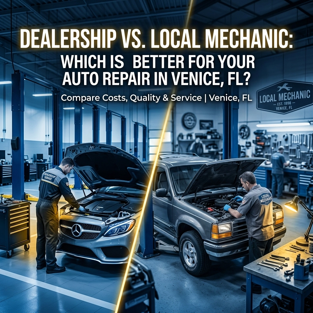 graphic image displaying a local mechanic and a dealership mechanic performing maintenance and repairs on vehicles. Text that reads Dealership vs. Local Mechanic: Which Is Better For Your Auto Repair in Venice, FL?
