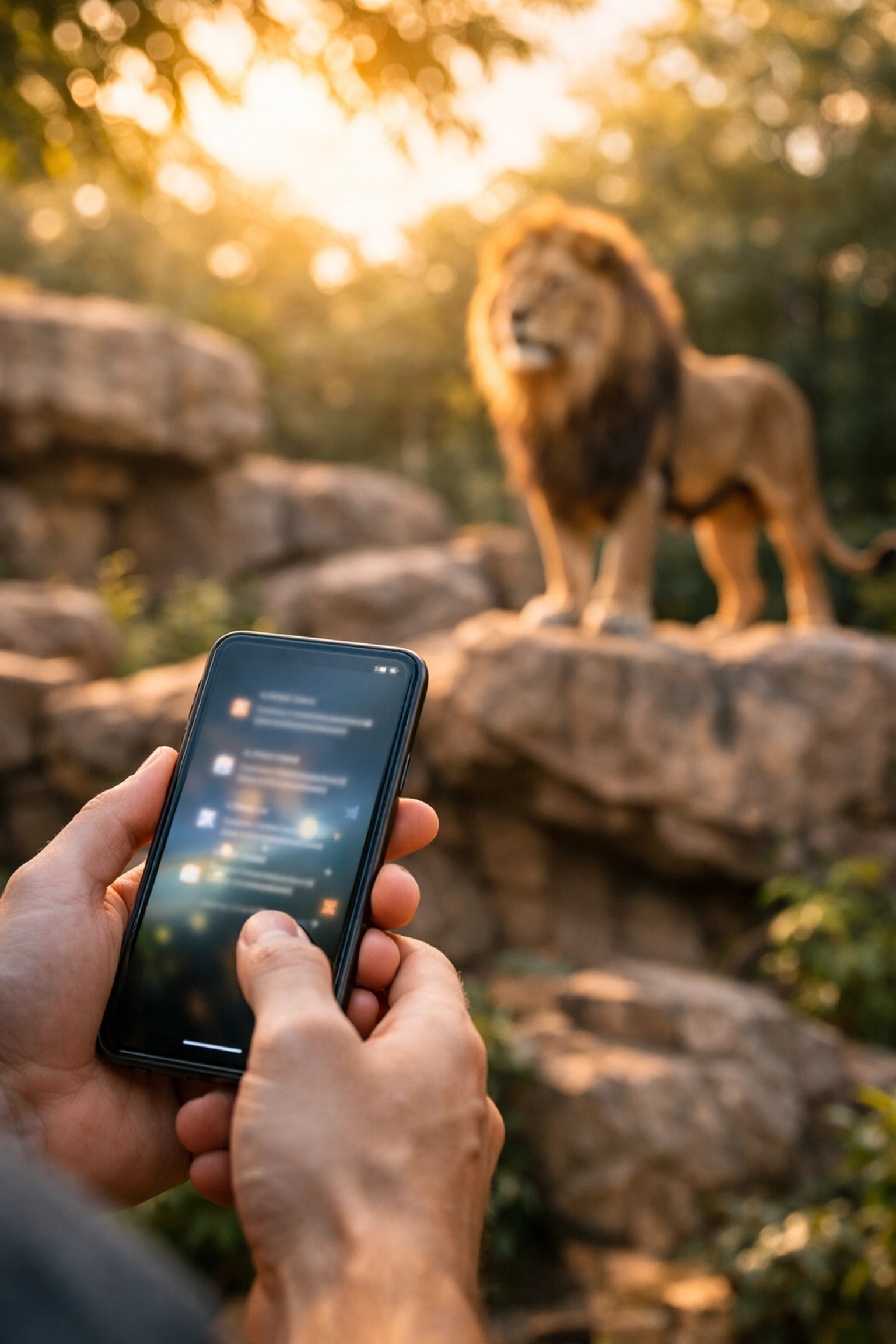 Visitor using a smartphone at a zoo lion exhibit, illustrating digital guest engagement and mobile marketing.