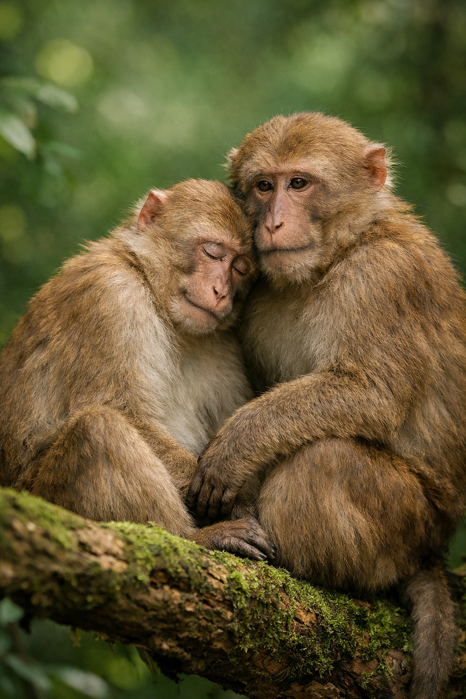 Two male Assamese macaques huddling together on a branch, illustrating deep social bonds and care in nature.