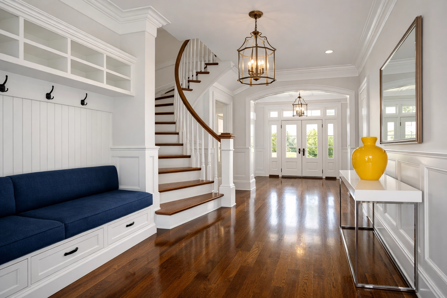 Pristine Lunenburg home entryway with polished hardwood floors and dust-free surfaces ready for holiday guests.