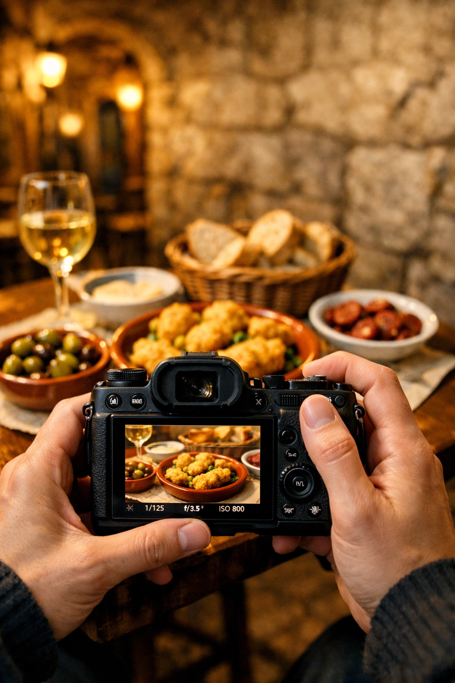 Taking a travel photography shot of local petiscos in an Alfama restaurant, one of the best photo spots in Lisbon.
