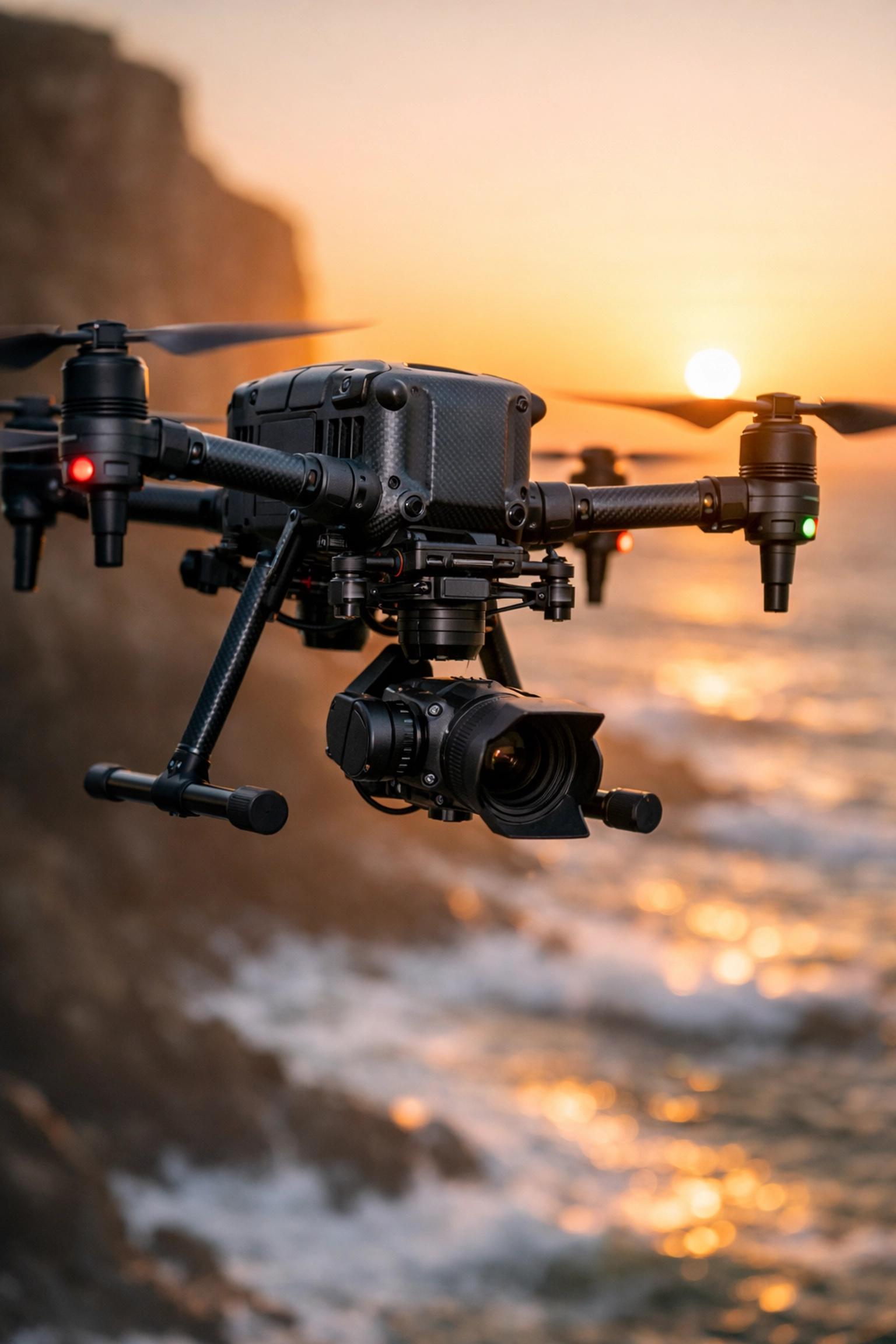 The Ultimate Guide to Finding Photography Work in 2026: Everything You Need to Succeed 1 Professional photography drone capturing coastal aerial views at sunrise, a high-demand niche for work in 2026.