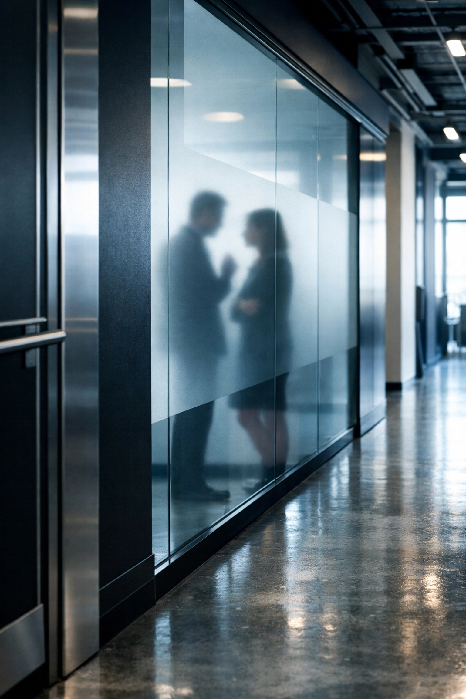Office staff whispering in a hallway, illustrating the need for a business broker near me to maintain secrecy.