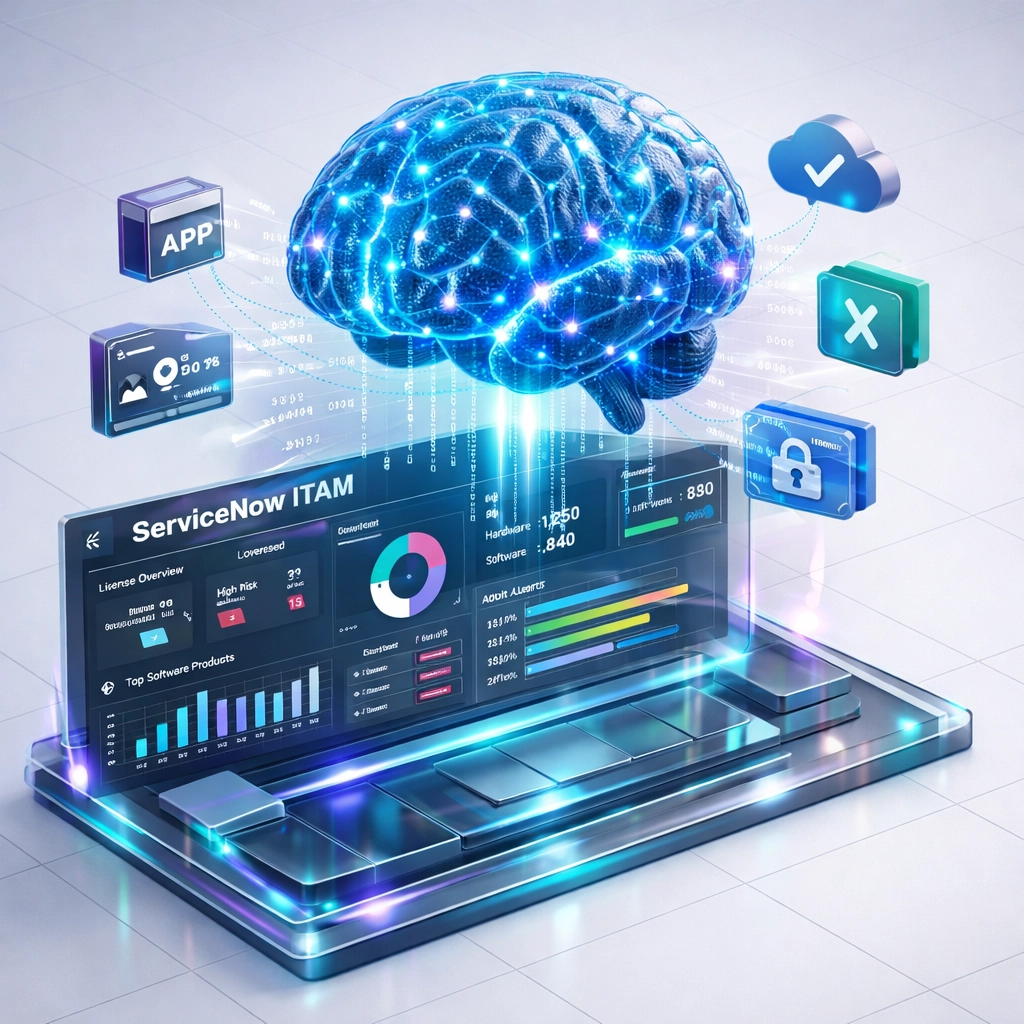 Agentic AI brain analyzing ServiceNow ITAM dashboard for automated license management