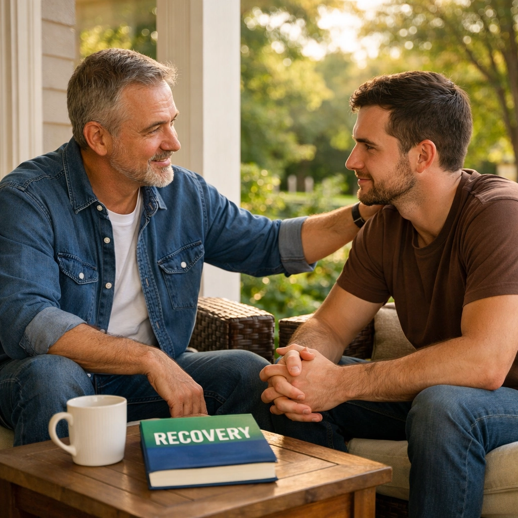 A resident and his sponsor discuss recovery on a porch at a Nashville sober living home.