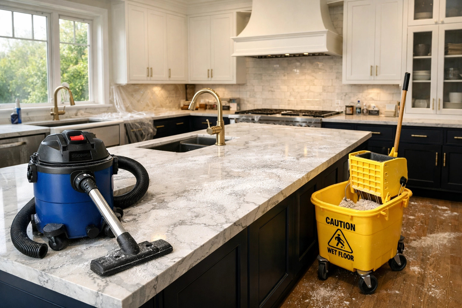Professional post construction cleaning Bedford equipment used to clear dust from a luxury kitchen renovation.