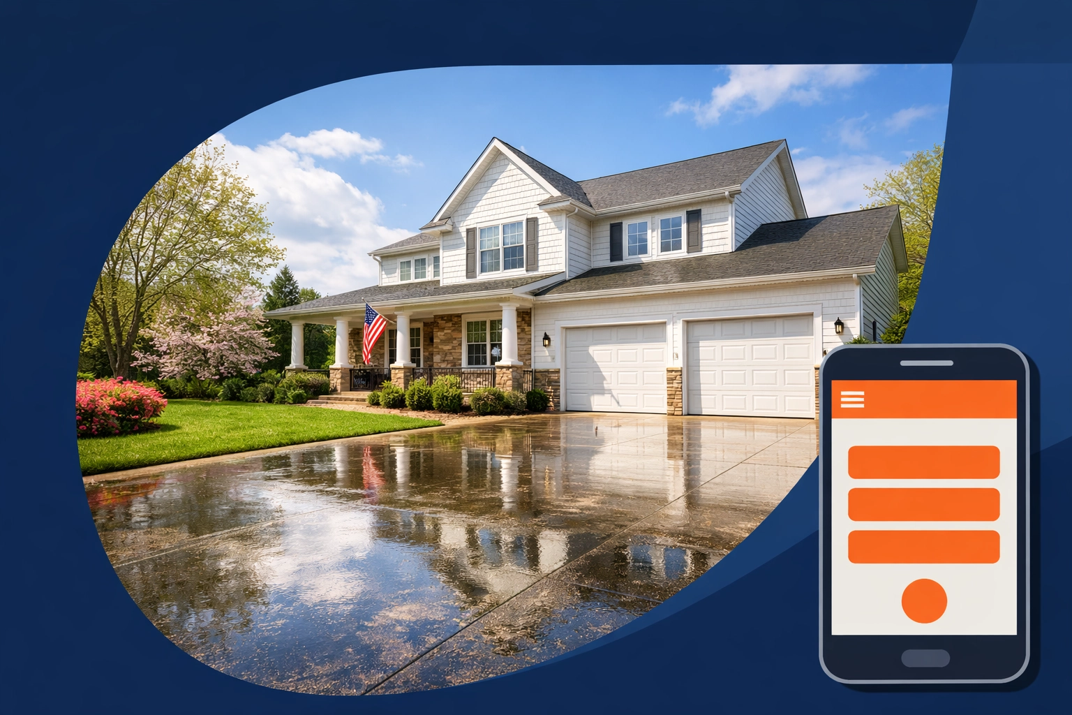 A sparkling clean home and driveway next to a smartphone showing the Chartrflex app.