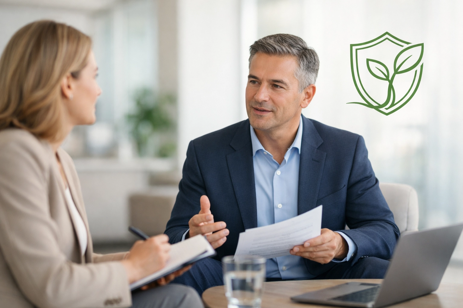 Professional consulting session with a shield and sapling icon for asset preservation and growth.