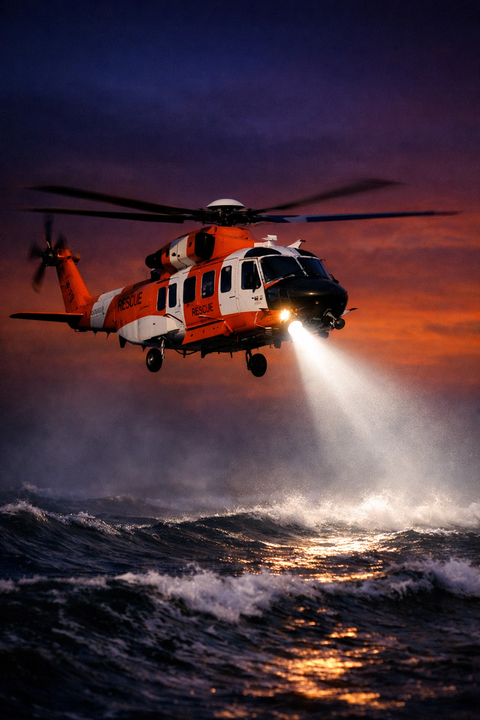 A Coast Guard rescue helicopter hovering over the dark ocean waves at sunset during a medical evacuation.