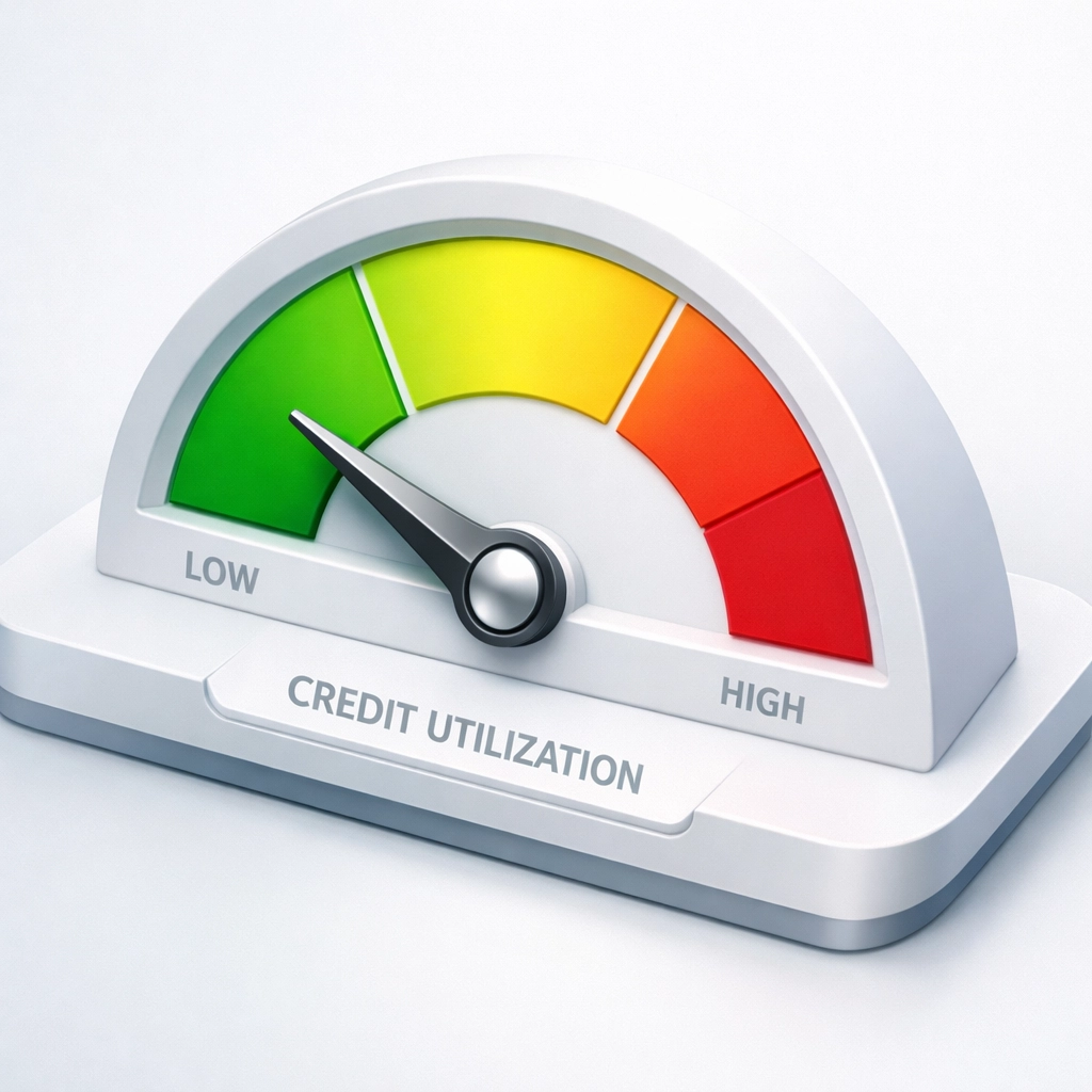 Digital dashboard gauge with a needle in the green zone showing low credit utilization for a better score.
