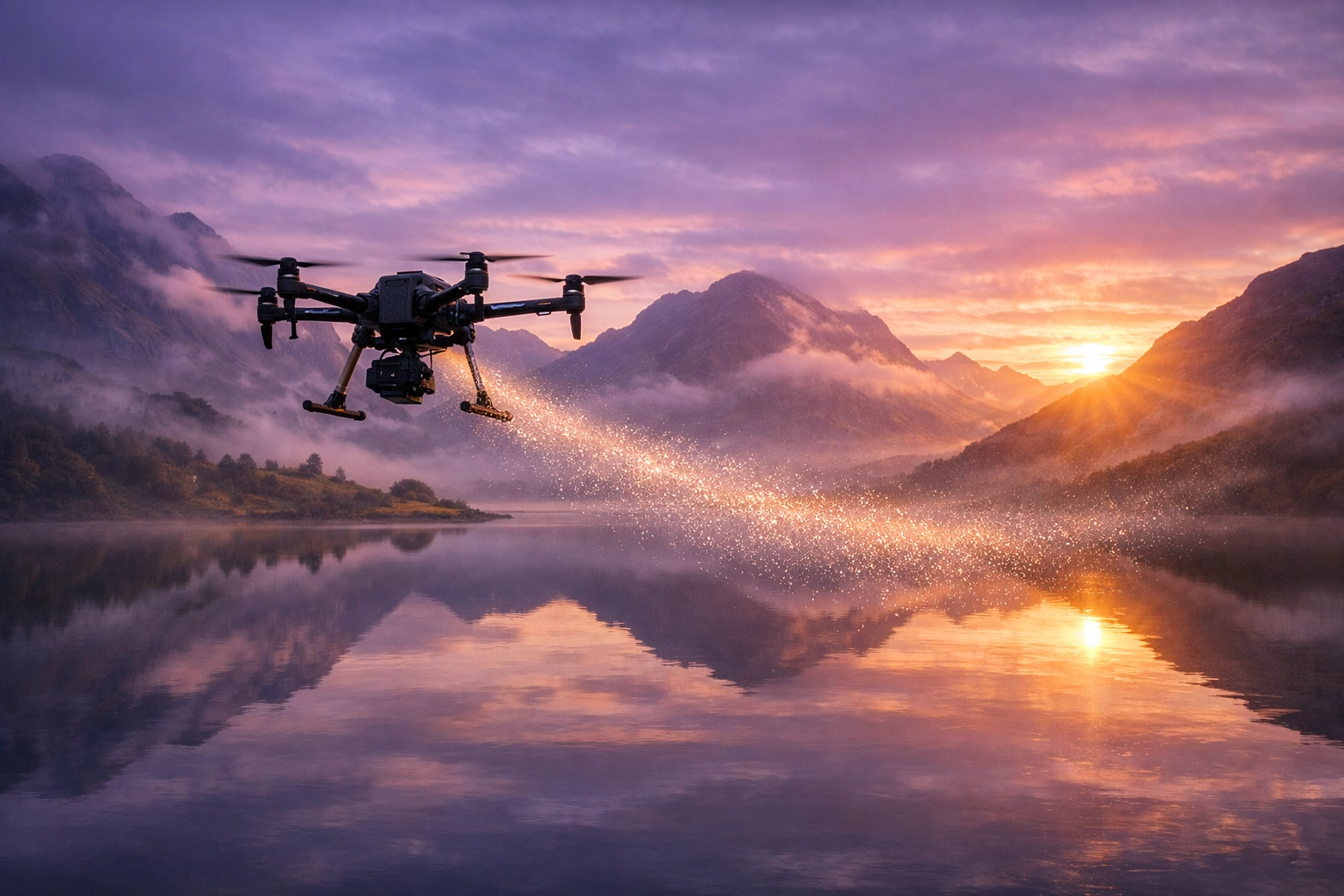 Professional drone scattering cremation ashes over a serene Scottish loch surrounded by mountain peaks at sunrise.