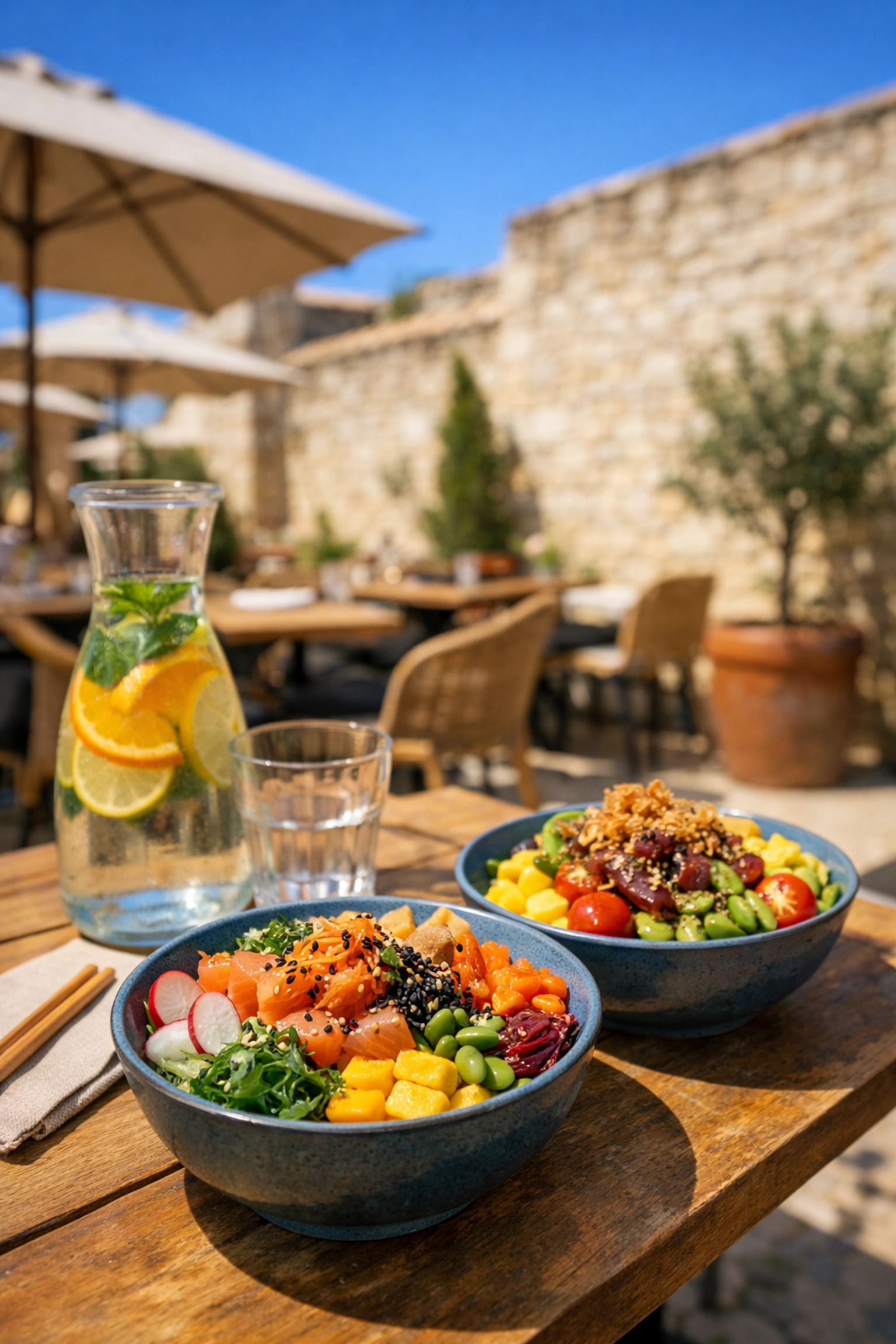 Deux poke bowls servis en terrasse ensoleillée d'un restaurant healthy à Montpellier.