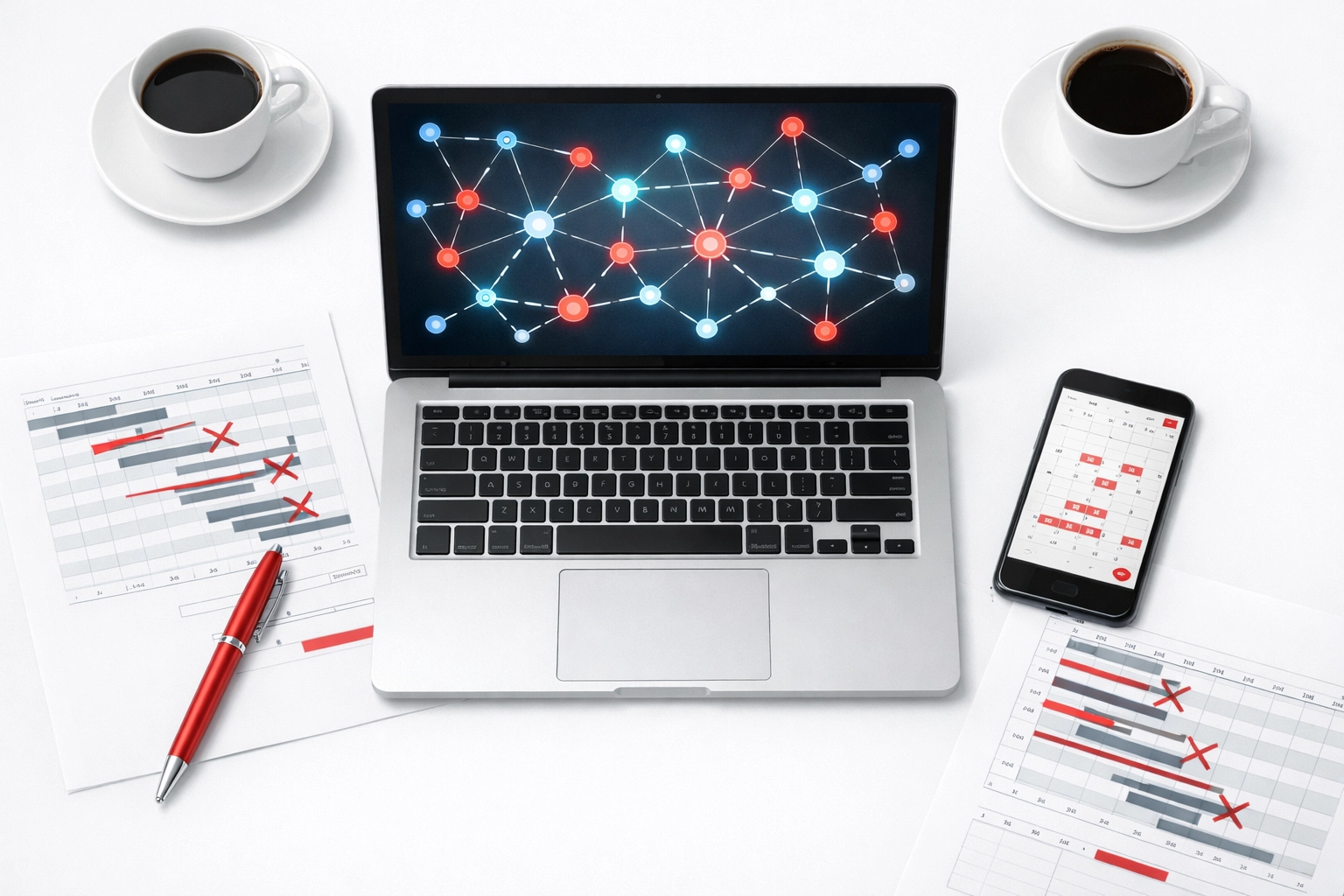Project governance materials including network diagrams and schedule planning documents on desk