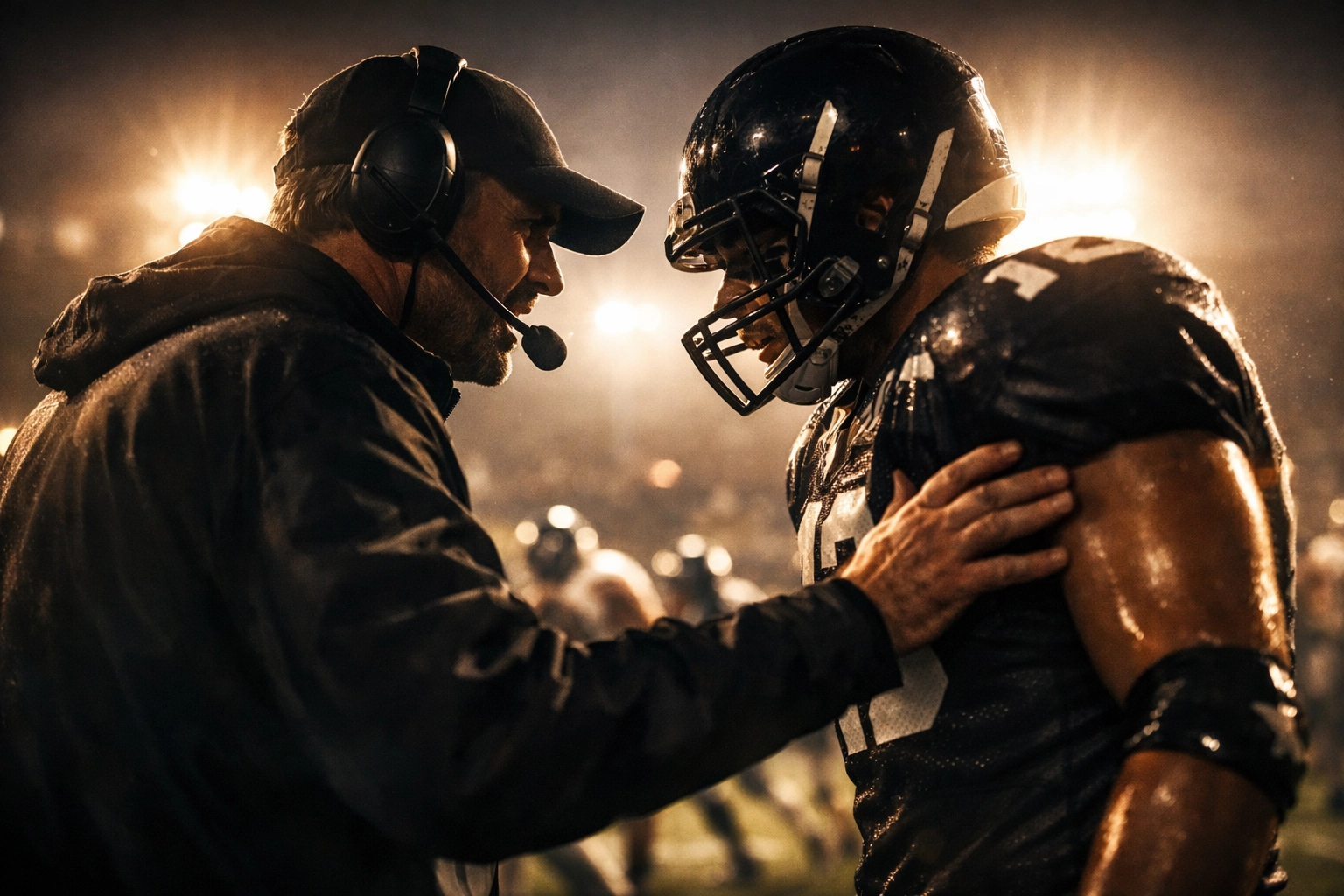 Coach mentoring football player on sideline during game showing championship leadership
