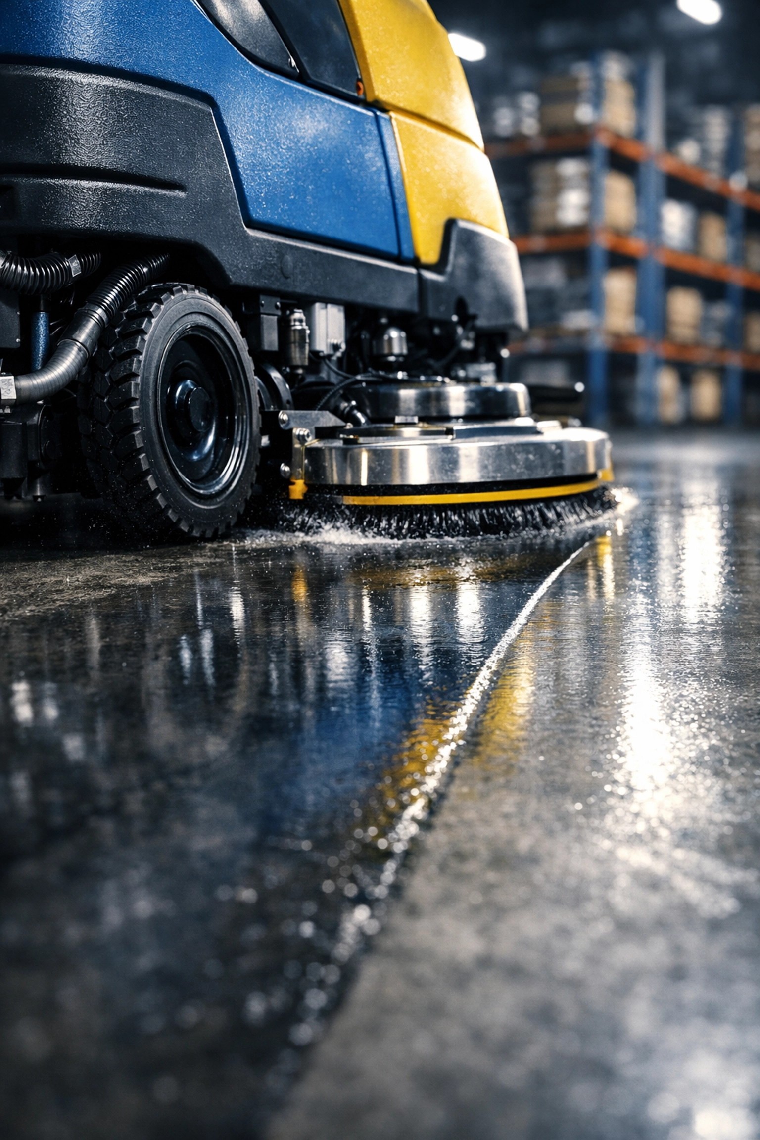 Close-up of a heavy-duty cleaning machine deep scrubbing a warehouse floor to eliminate dust and improve air quality.