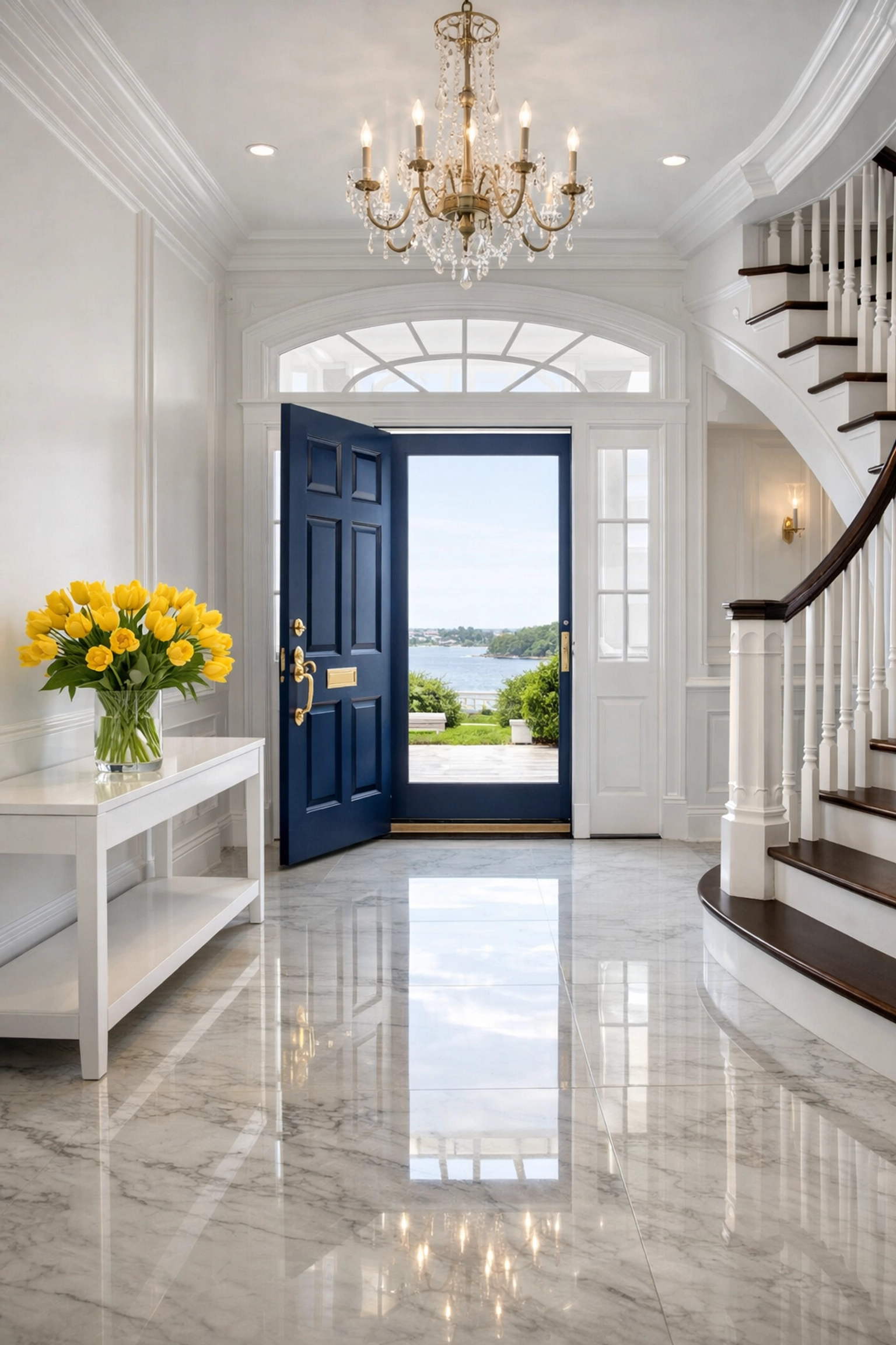 Impeccably clean grand foyer with polished marble floors, showing the best deep cleaning service in Marblehead results.