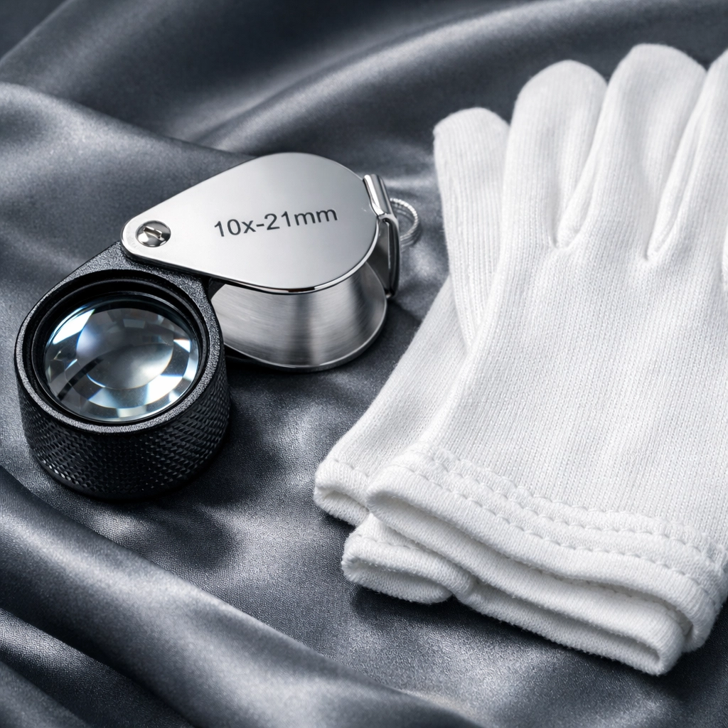 Professional jeweler's loupe and gloves used to verify authenticity and provenance of luxury timepieces.