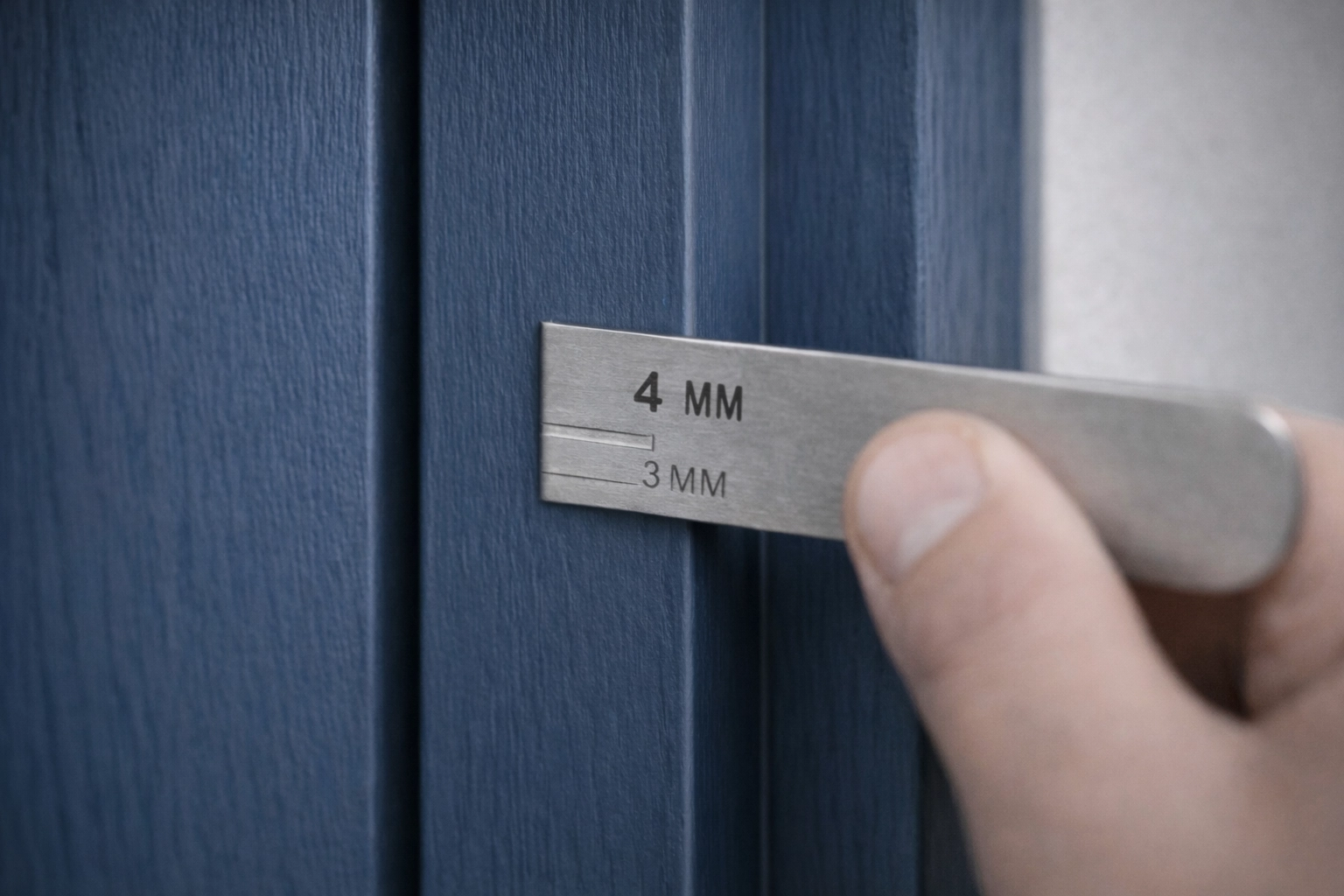 Close-up of a gap gauge being inserted into the closed (latched) timber fire door-to-frame gap to verify a 3mm–4mm clearance during inspection.