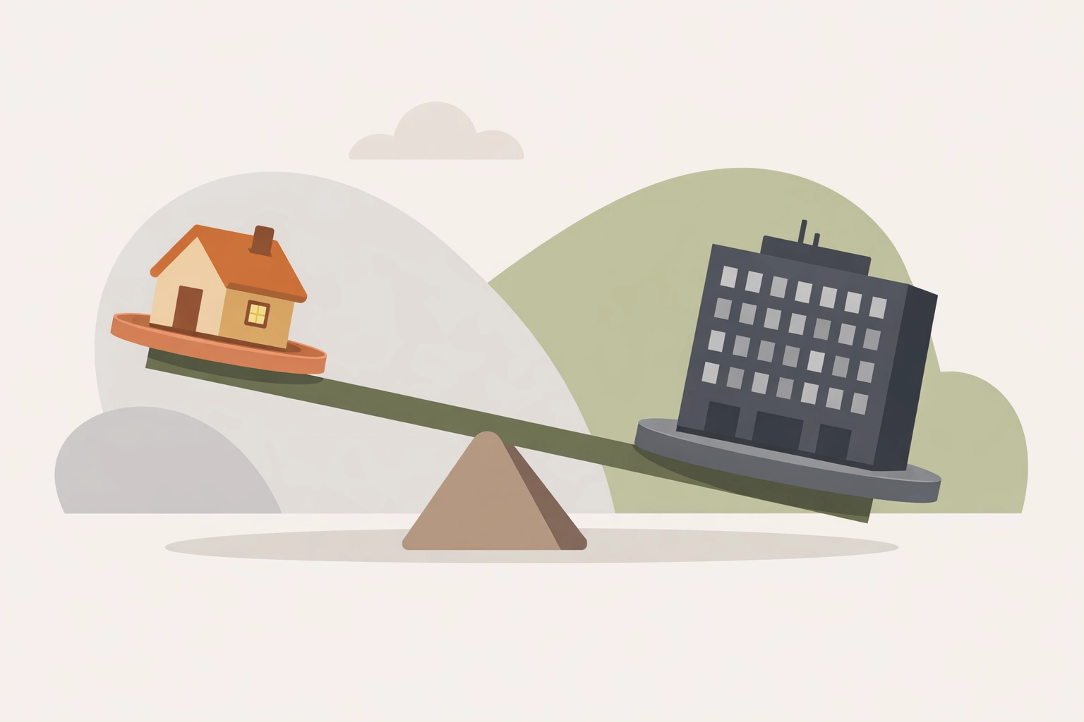 A scale tilted toward an office building illustrating the disruption of work-life balance from RTO.