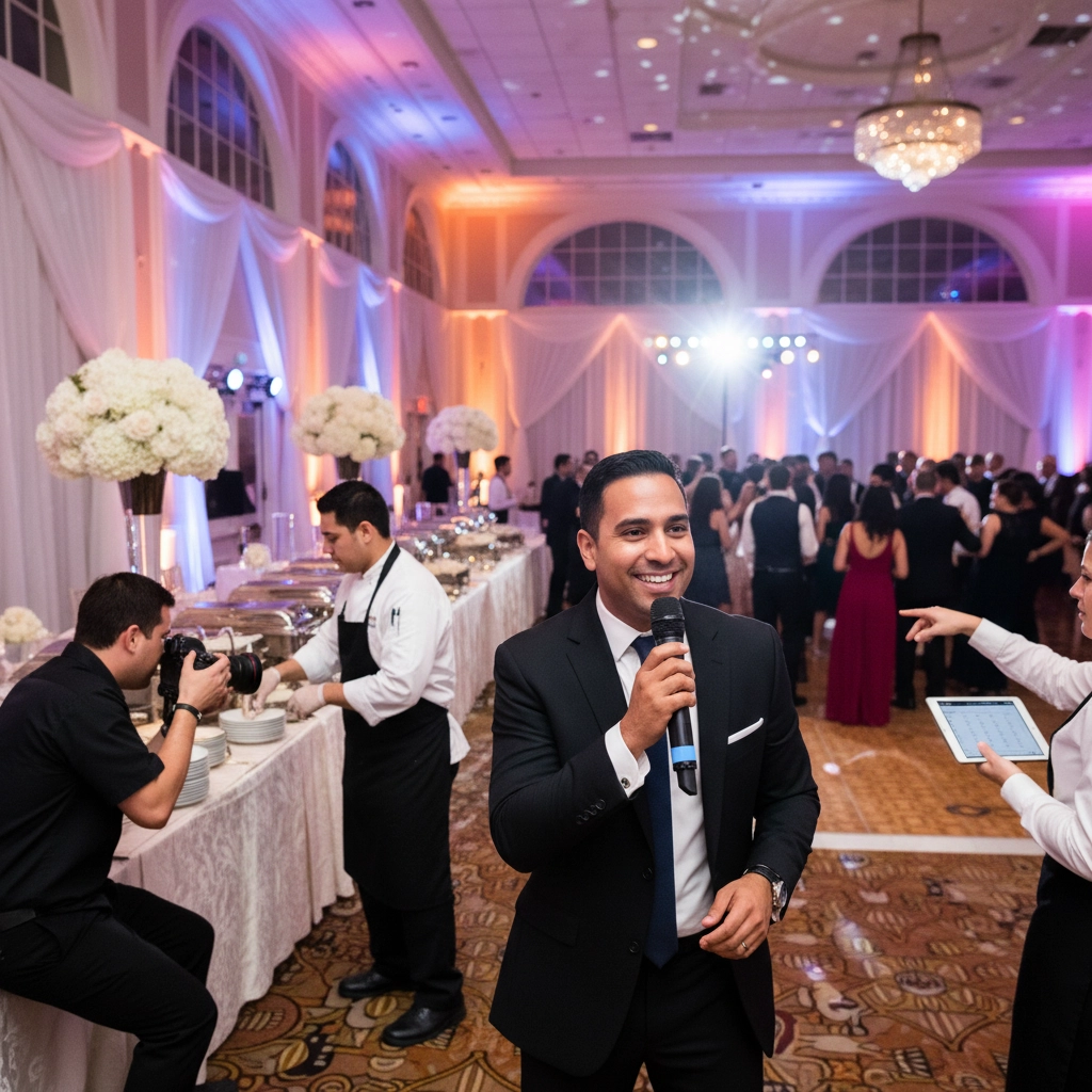 Man in a suit speaking into a microphone at an elegant event with a buffet and guests in formal attire. Soft lighting and floral decor.