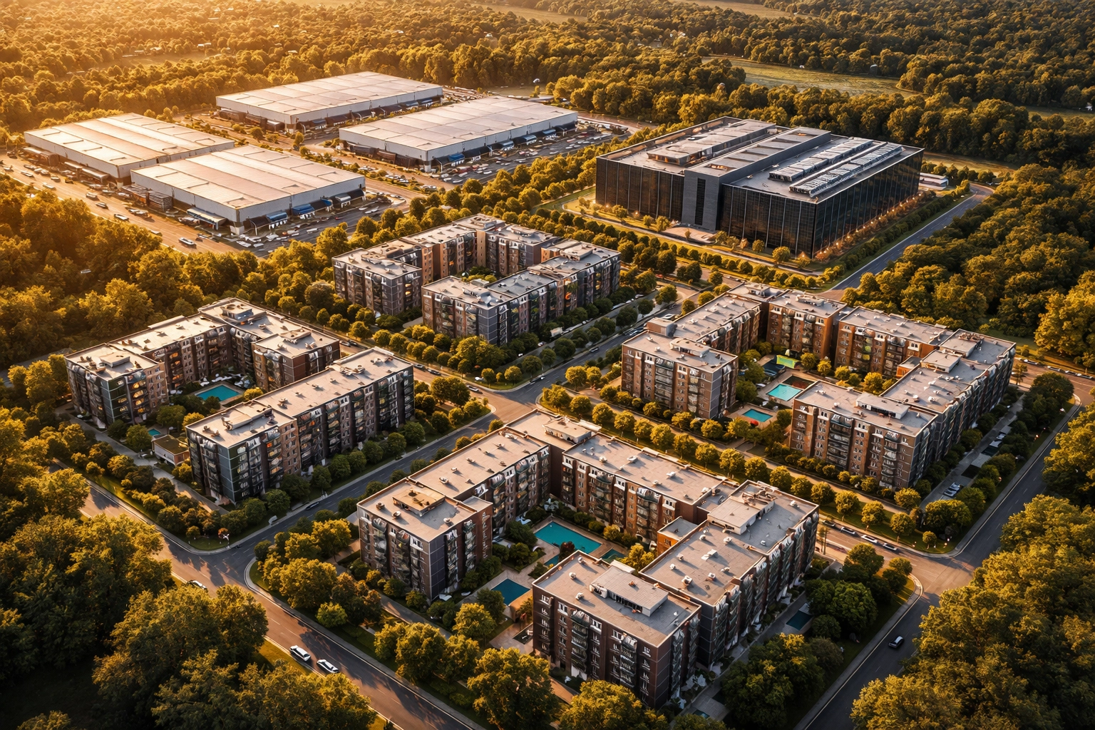 Aerial view of diverse real estate assets including warehouses, apartments, and data centers, highlighting real estate diversification for institutional investment portfolios