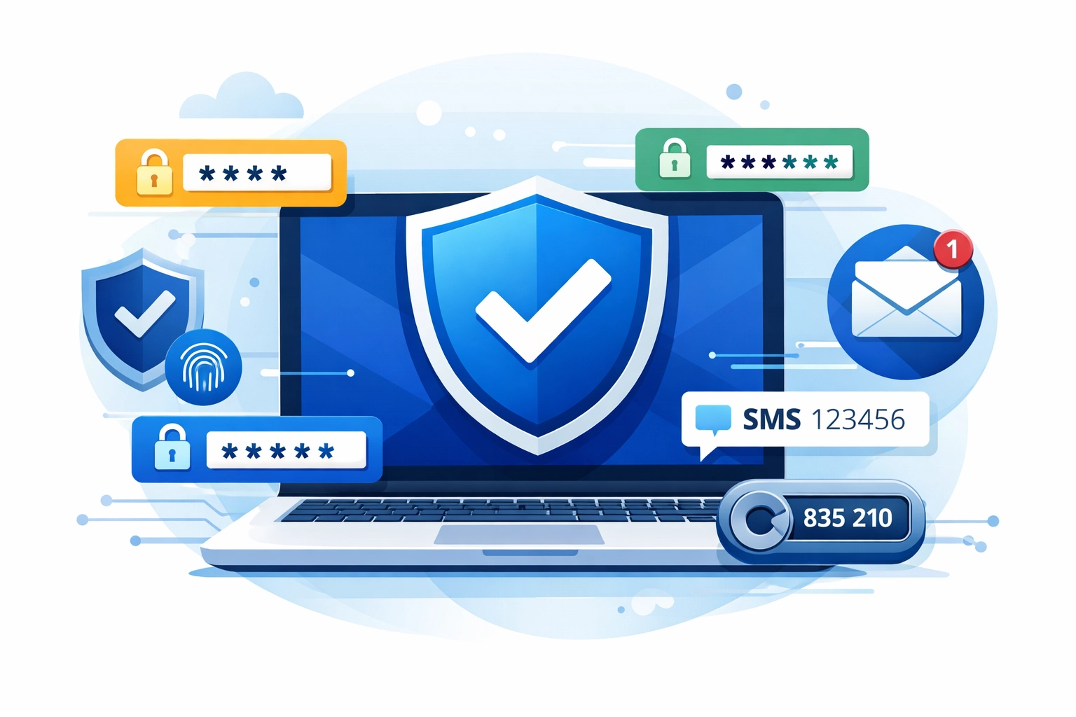 Multi-factor authentication and password security illustration with lock icons and shield