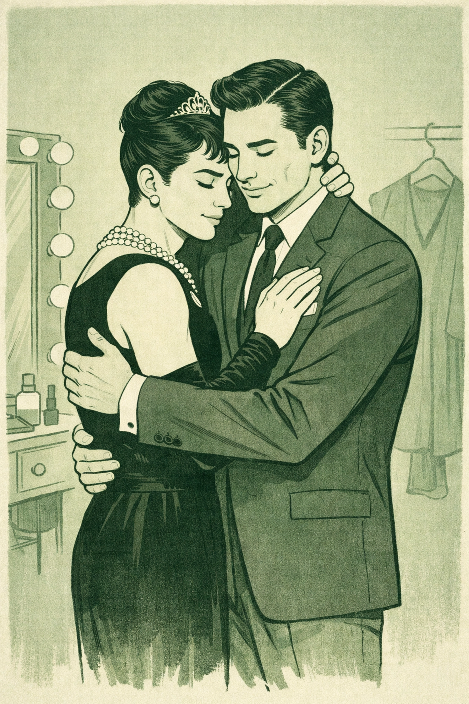 Gay couple embracing in Old Hollywood attire - black dress with pearls and tailored suit