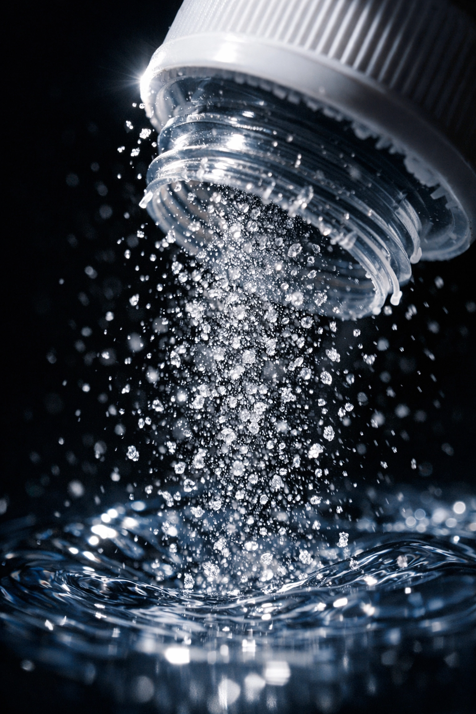 Microplastic shards shedding from a plastic bottle cap into drinking water.