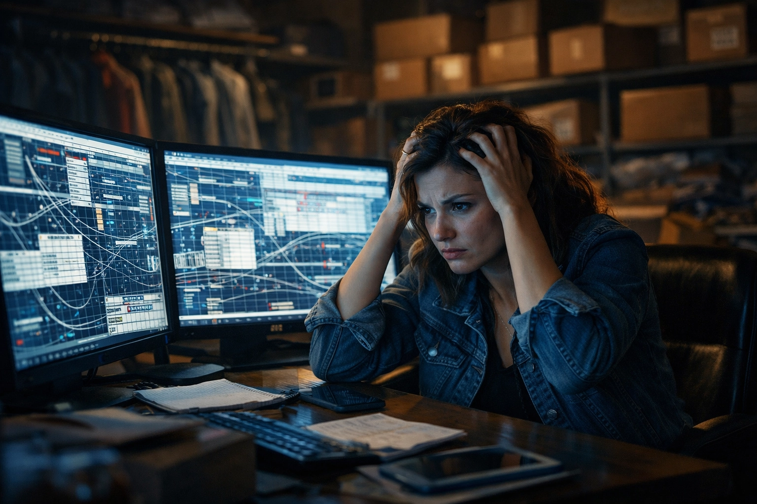 A reseller frustrated by messy bookkeeping and chaotic QuickBooks data on her computer screens.