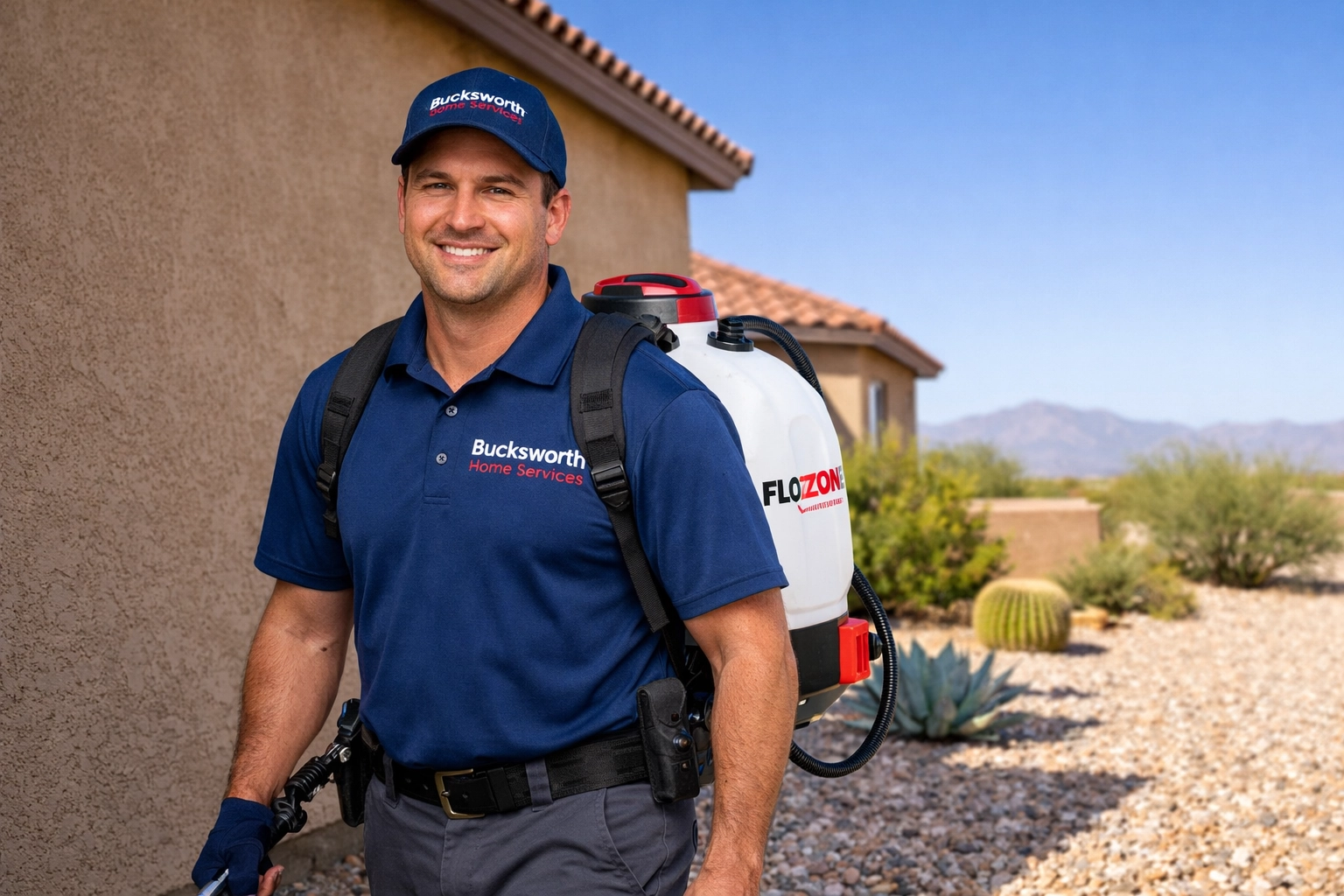Bucksworth technician providing the best pest control in Green Valley AZ with a professional backpack sprayer.