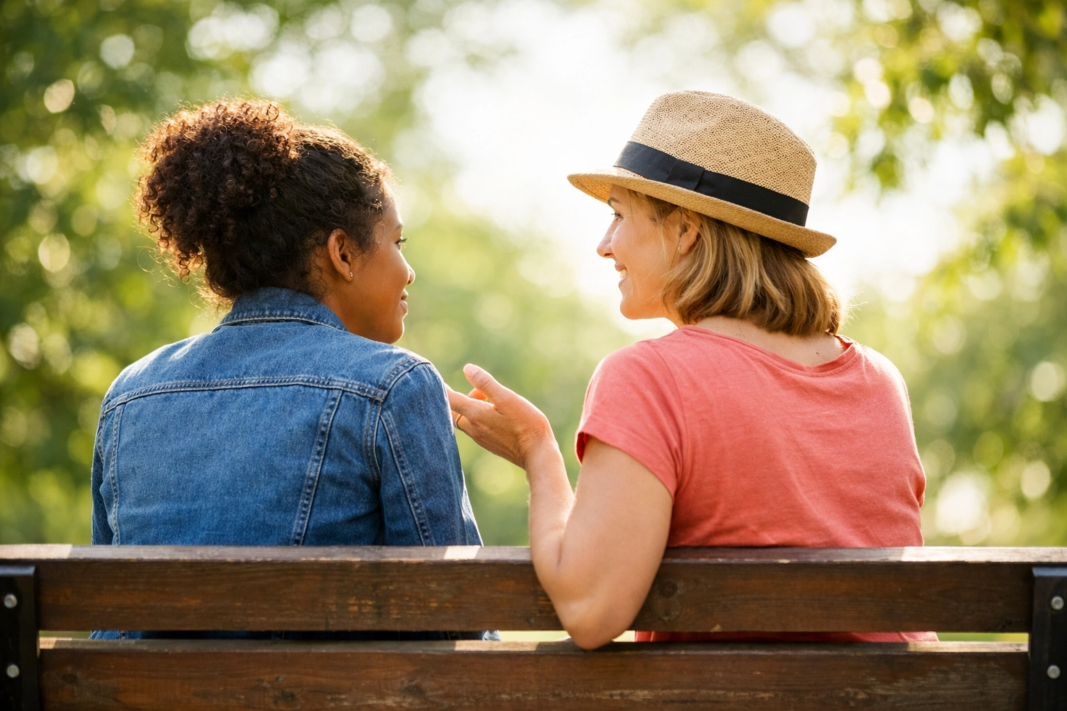Two people on park bench having supportive conversation about veteran mental health