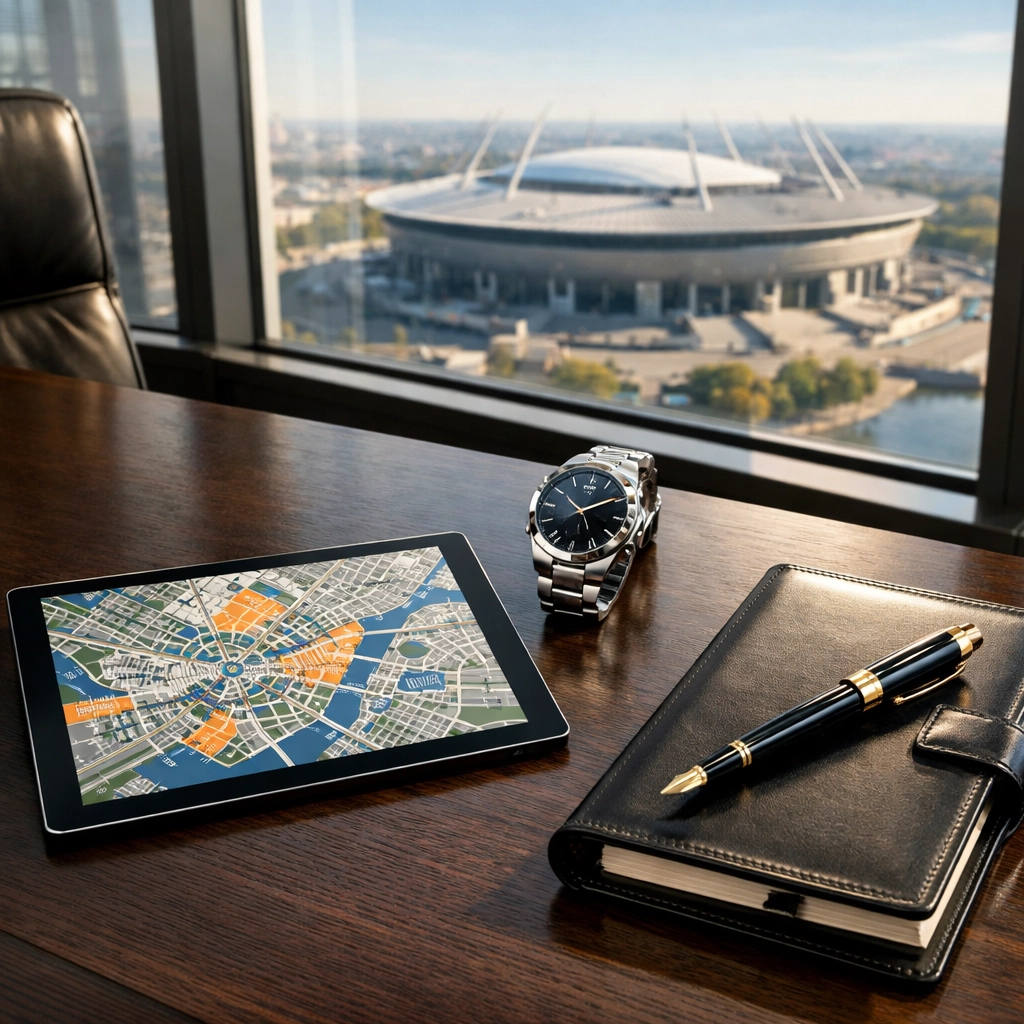Executive desk with a city map and stadium view representing strategic Super Bowl logistics planning.