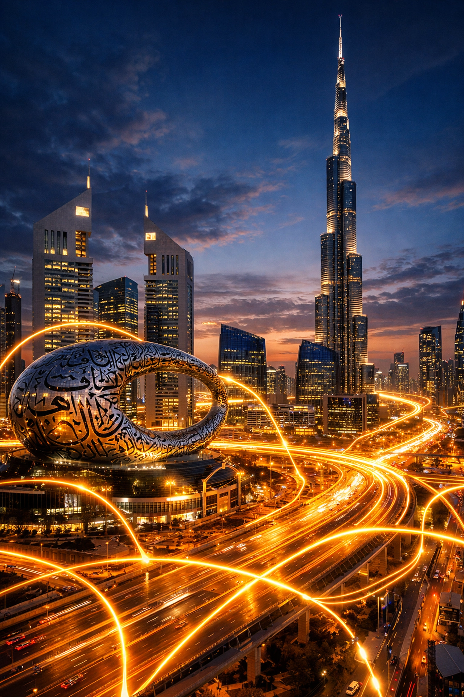 Dubai skyline at night with digital connectivity representing a global AI and tech hub.