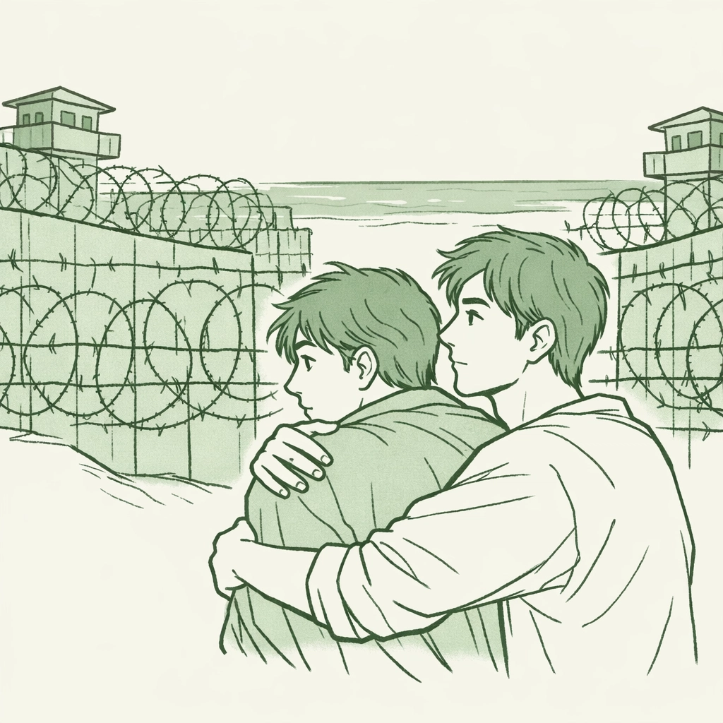 Gay couple embracing while trapped behind barriers in Gaza, seeking escape from LGBTQ+ persecution