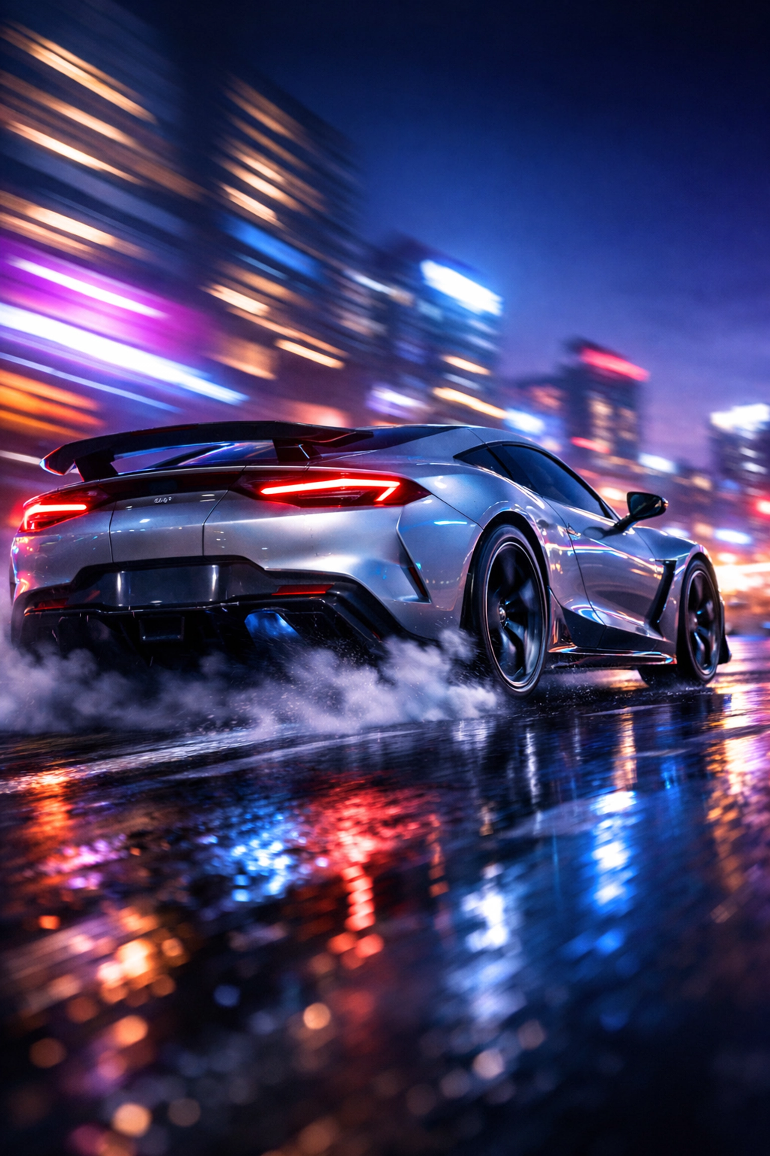 High-performance electric car accelerating on a city street at night, demonstrating instant EV torque.
