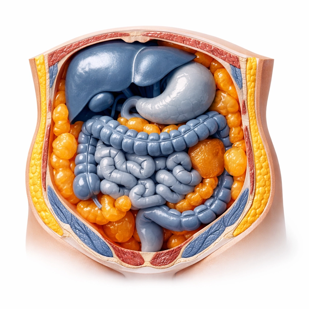 Medical illustration showing visceral fat surrounding internal organs and its link to chronic inflammation