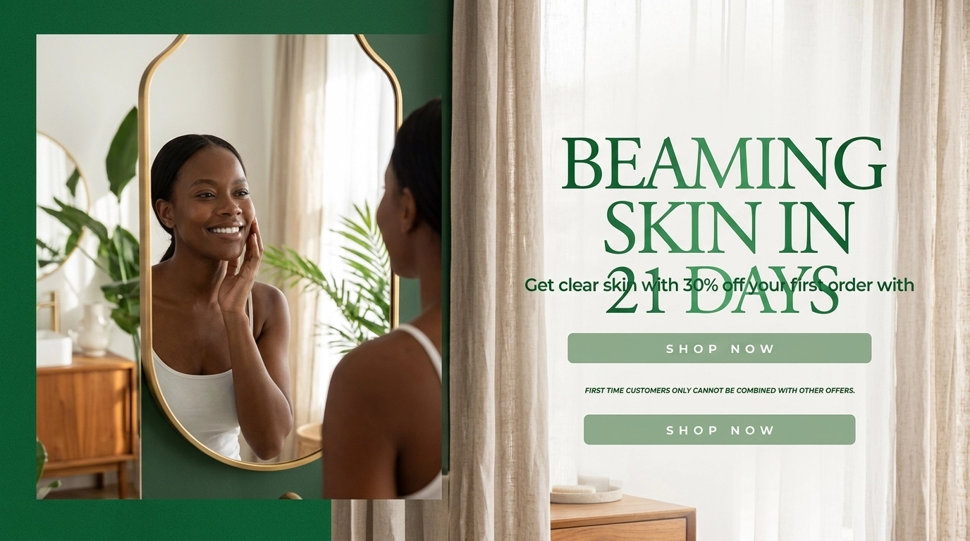 Woman with dark skin looking in the mirror with confidence