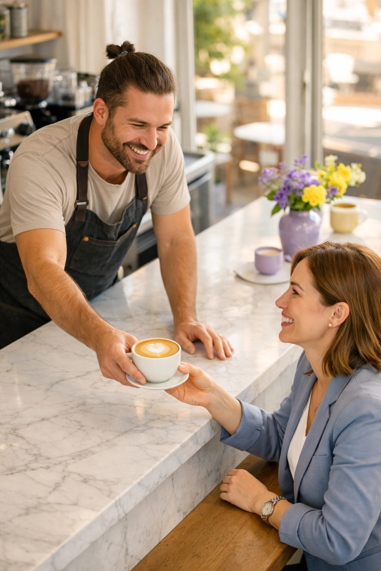Professional barista serving a client, illustrating personalized marketing for service businesses.